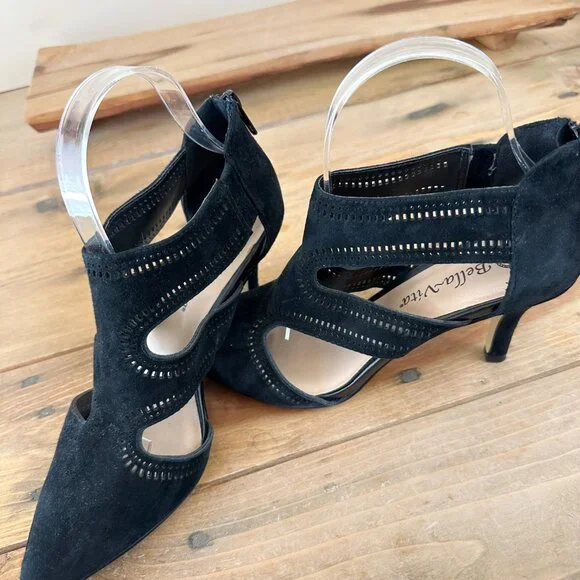 Bella Vista Genuine Leather Suede Black Pumps Sandals 7 Women's Cut Out - Picture 8 of 8